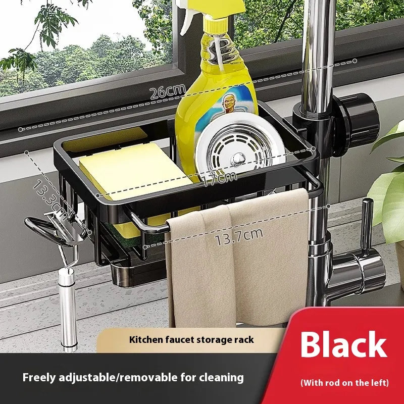 Black left faucet rack. Faucet, cloth, cleaning tools and bottle shown for context are not included.